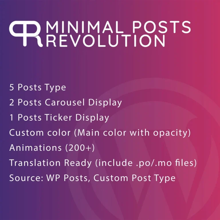 DEMO LINK Welcome to Minimal Posts Revolution For Elementor. With this awesome plugin for Elementor you can create a posts layout in few step. You can choose beetween 5 posts display, 2 carousel type, 1 post ticker type with custom color. Required Elementor installed if you want use this plugin. Because this is an addon for Elementor Features Team Vision for Elementor: 5 Posts Type 2 Posts Carousel Display 1 Posts Ticker Display Custom color (Main color with opacity) Animations (200+) Translation Ready (include .po/.mo files) Orderby:ID, author, title, name, date, modified, parent, rand, post views Order: DESC, ASC Source: WP Posts, Custom Post Type